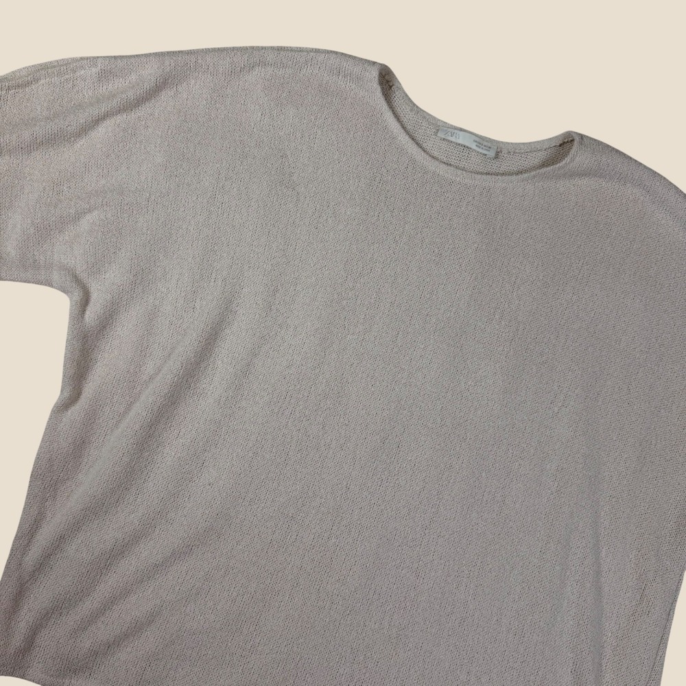 Zara Womens Beige Knit Short Sleeve Oversized Sweater Viscose Blend Size Small